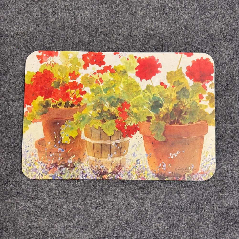 Vintage Judy Buswell Set of 4 Red Geraniums Plastic Placement Signature Printed